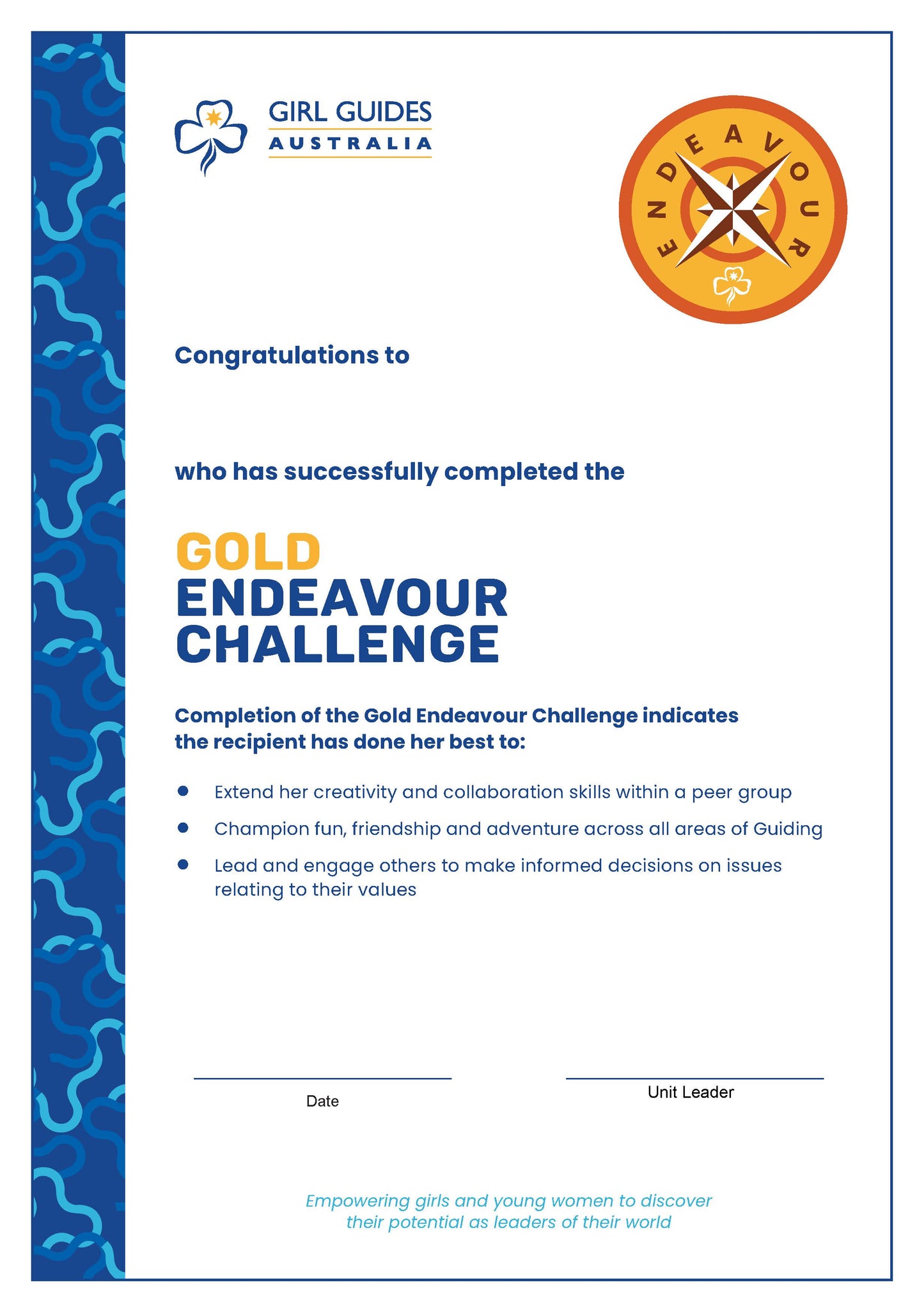 Gold Endeavour Certificate